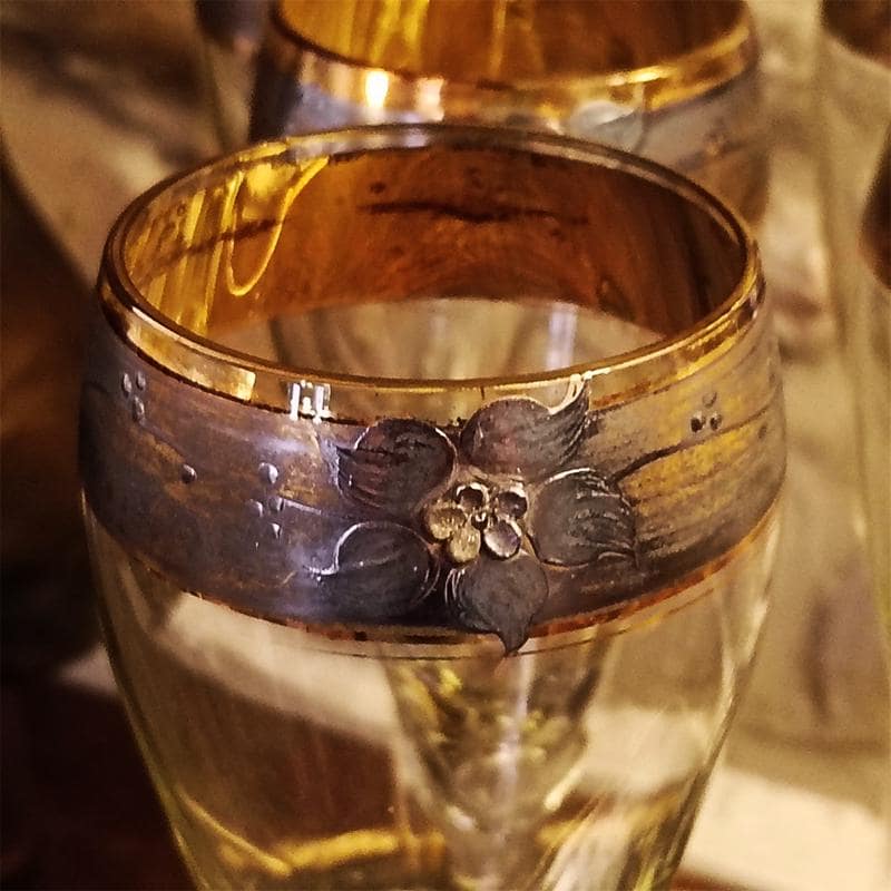 Vintage Stunning Set with 6 Glasses and a Tray in Murano Glass with hand decorated 24K Gold finishes by GN Murano.