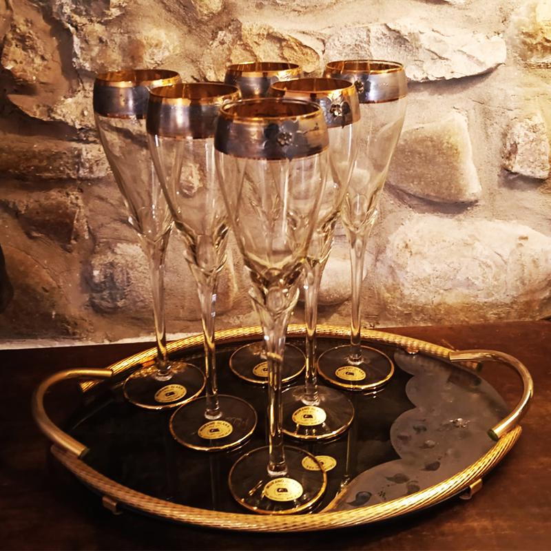 Vintage Stunning Set with 6 Glasses and a Tray in Murano Glass with hand decorated 24K Gold finishes by GN Murano.