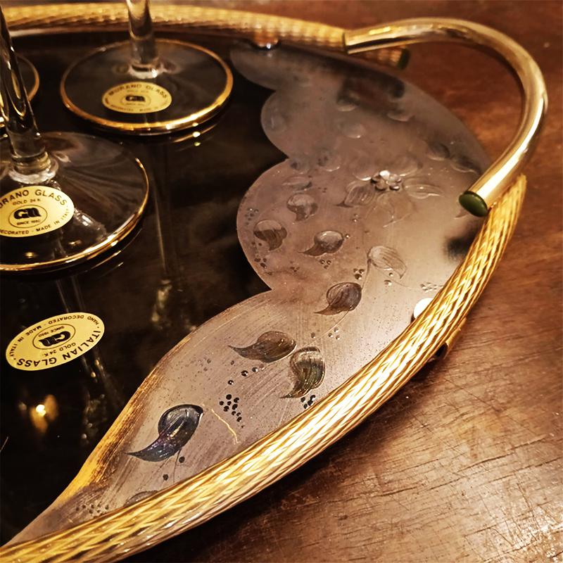 Vintage Stunning Set with 6 Glasses and a Tray in Murano Glass with hand decorated 24K Gold finishes by GN Murano.