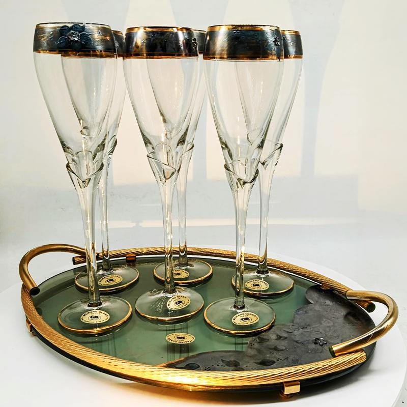 Vintage Stunning Set with 6 Glasses and a Tray in Murano Glass with hand decorated 24K Gold finishes by GN Murano.