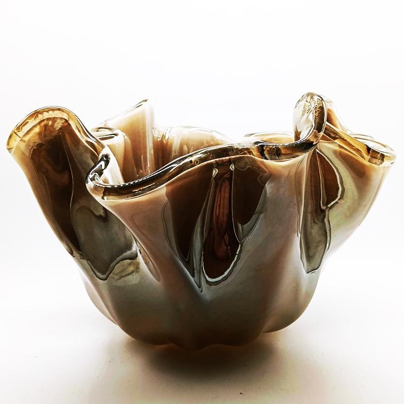 Big Glossy light Bronze Jacketed Fazzoletto Vase in Hand Worked Murano Glass. Made in Italy.