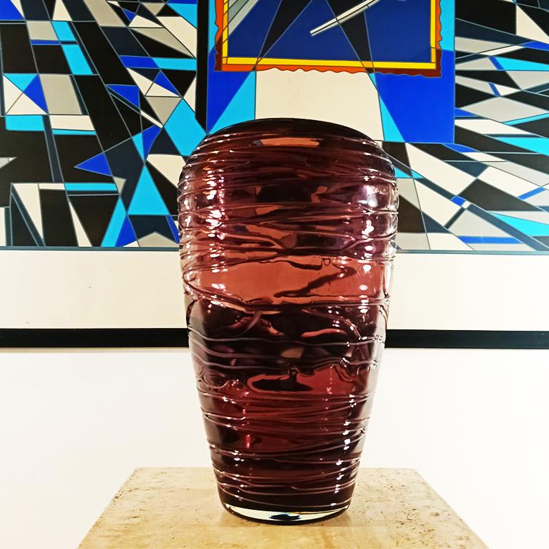 1970s Purple Vase in Hand Worked, Hand Blown Murano Glass - Made in Italy.