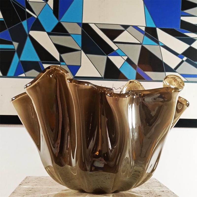 Big Glossy light Bronze Jacketed Fazzoletto Vase in Hand Worked Murano Glass. Made in Italy.