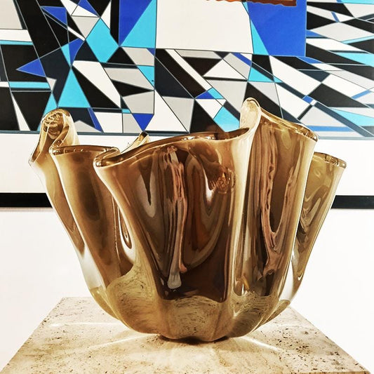 Big Glossy light Bronze Jacketed Fazzoletto Vase in Hand Worked Murano Glass. Made in Italy.