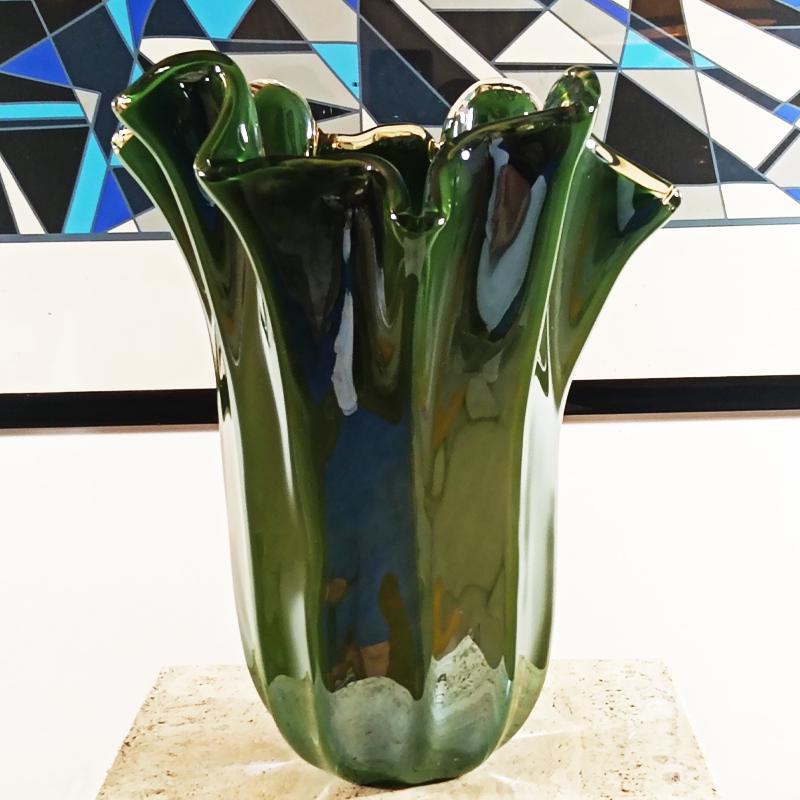Stunning Glossy Green Jacketed Vase in Hand Worked Murano Glass. Made in Italy.