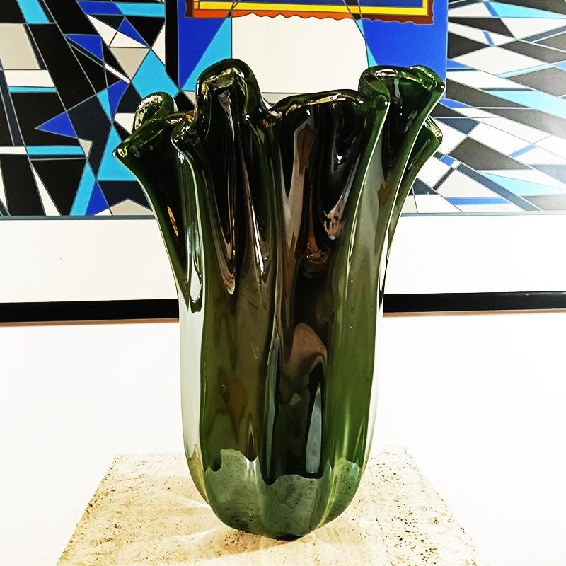 Stunning Glossy Green Jacketed Vase in Hand Worked Murano Glass. Made in Italy.