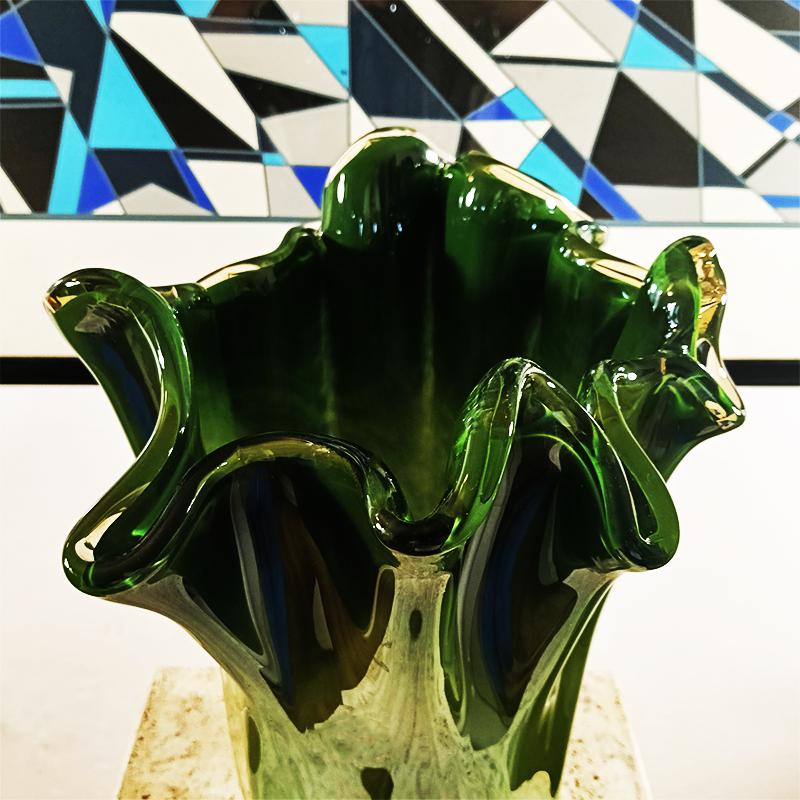 Stunning Glossy Green Jacketed Vase in Hand Worked Murano Glass. Made in Italy.