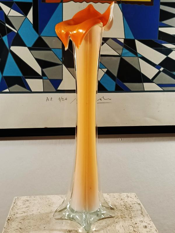 1960s 40cm. handcrafted Single Flower Orange Vase in Murano Glass. Made in Italy.