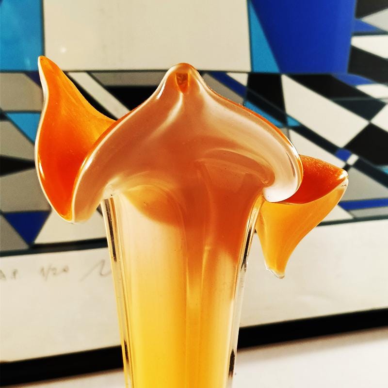1960s 40cm. handcrafted Single Flower Orange Vase in Murano Glass. Made in Italy.
