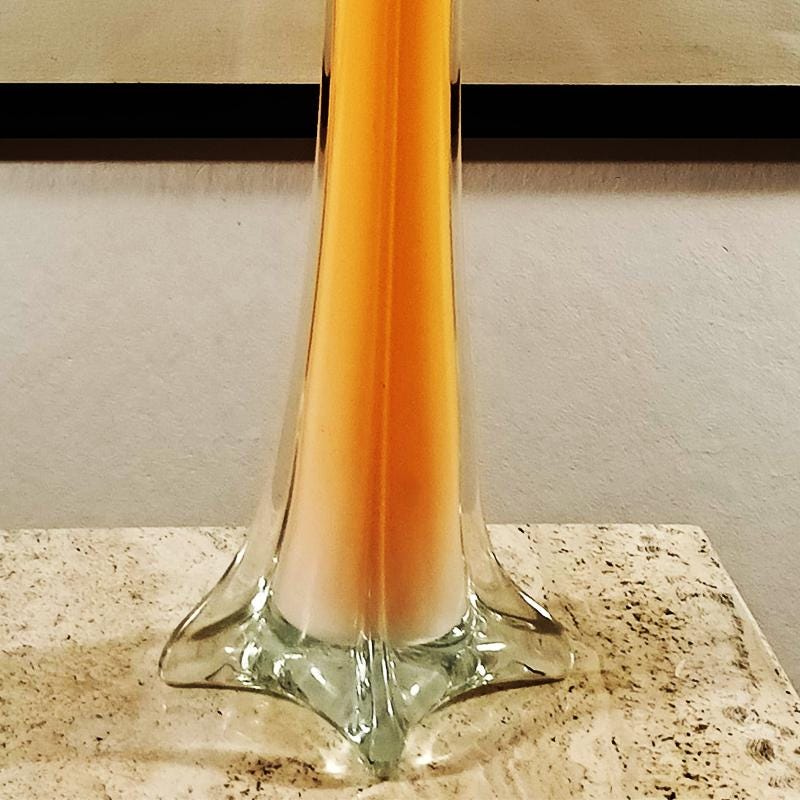 1960s 40cm. handcrafted Single Flower Orange Vase in Murano Glass. Made in Italy.