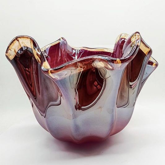 Big Glossy Purple Jacketed Fazzoletto Vase in Hand Worked Murano Glass. Made in Italy.