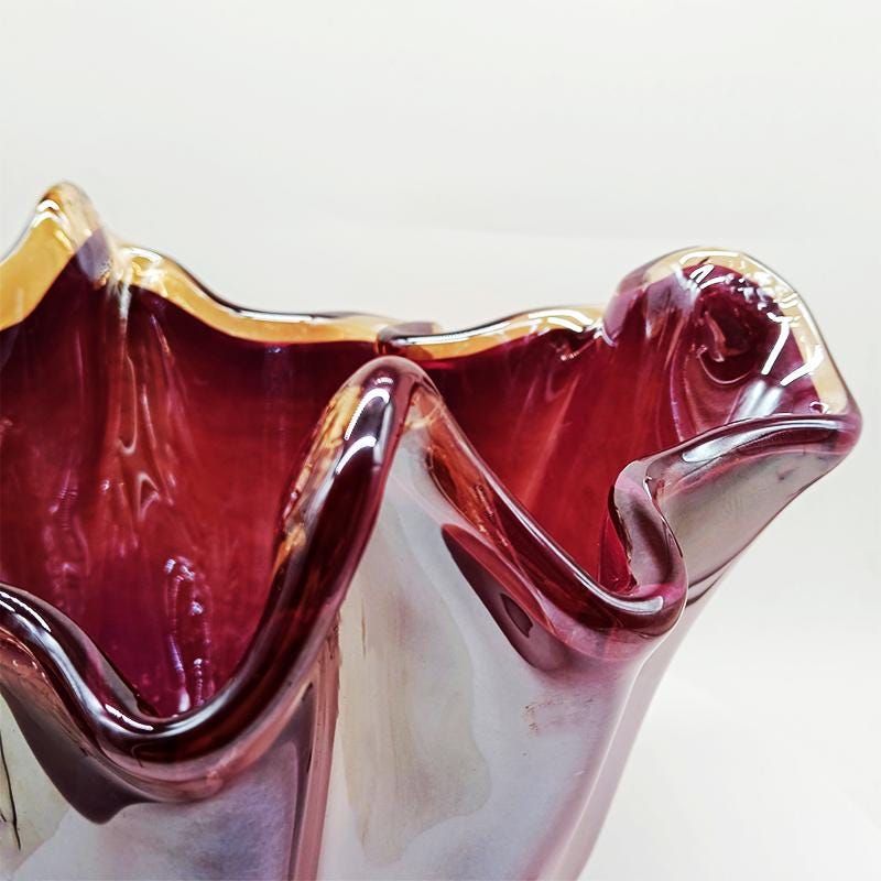 Big Glossy Purple Jacketed Fazzoletto Vase in Hand Worked Murano Glass. Made in Italy.