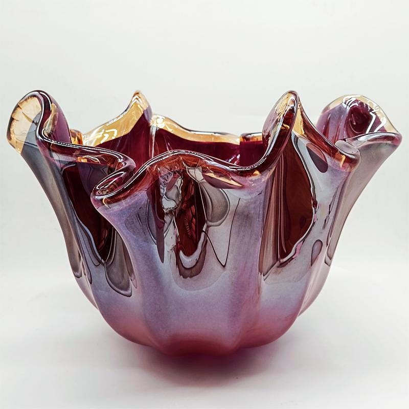 Big Glossy Purple Jacketed Fazzoletto Vase in Hand Worked Murano Glass. Made in Italy.