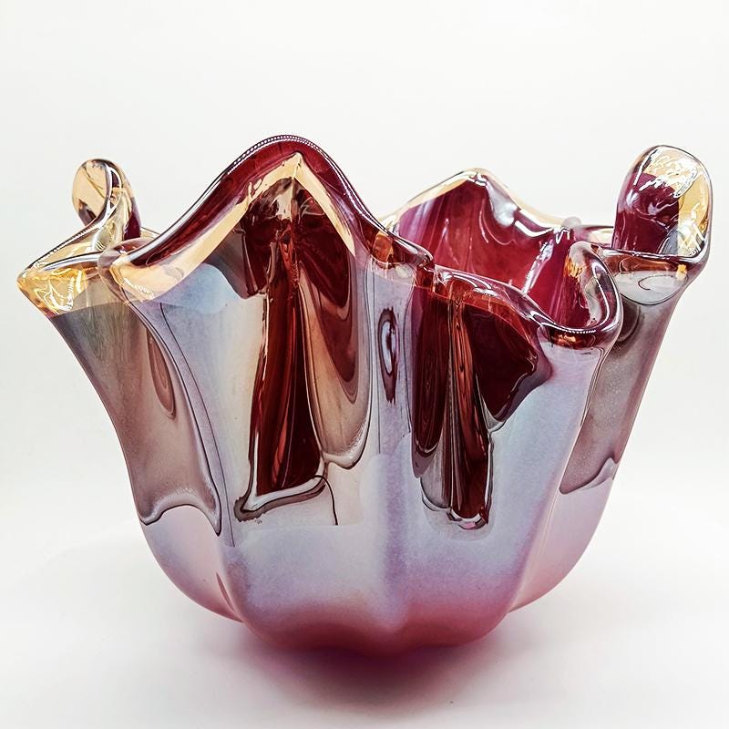 Big Glossy Purple Jacketed Fazzoletto Vase in Hand Worked Murano Glass. Made in Italy.