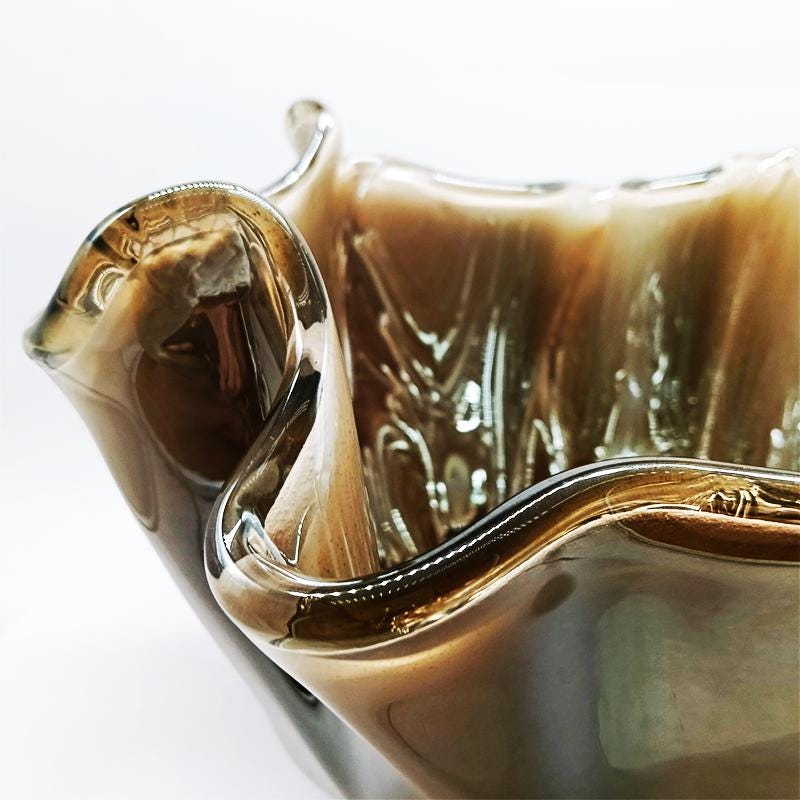 Big Glossy light Bronze Jacketed Fazzoletto Vase in Hand Worked Murano Glass. Made in Italy.