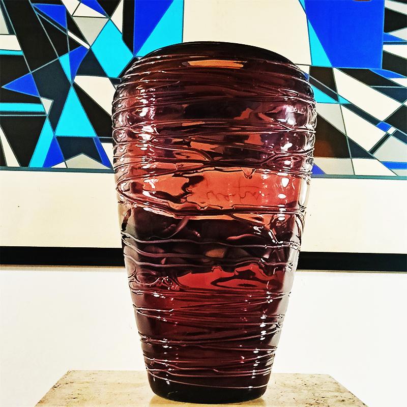 1970s Purple Vase in Hand Worked, Hand Blown Murano Glass - Made in Italy.