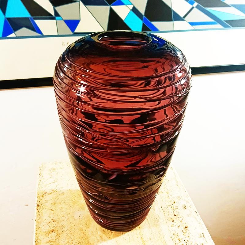 1970s Purple Vase in Hand Worked, Hand Blown Murano Glass - Made in Italy.