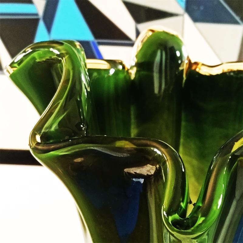 Stunning Glossy Green Jacketed Vase in Hand Worked Murano Glass. Made in Italy.