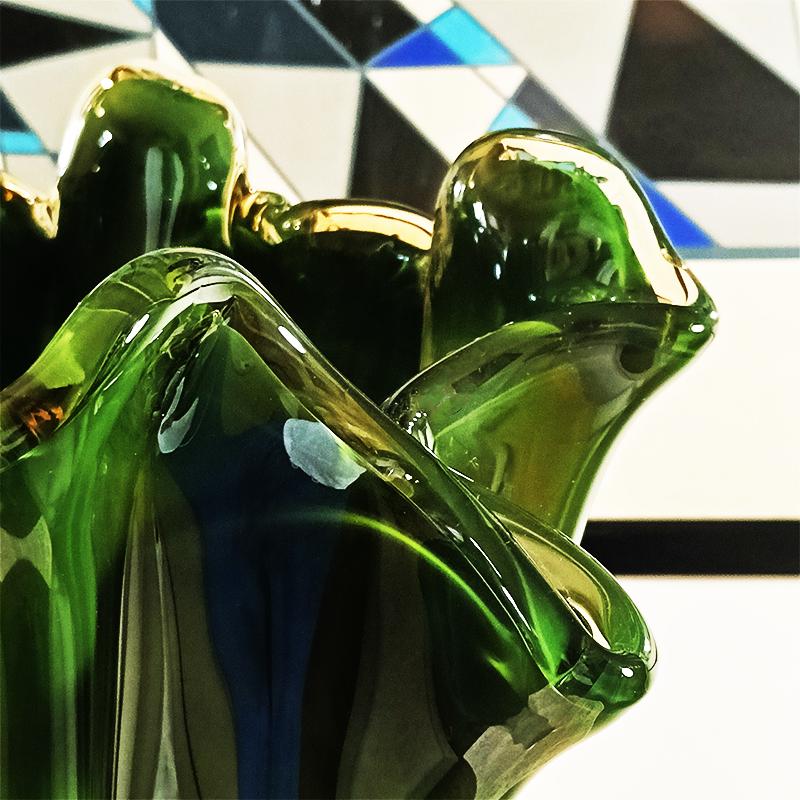 Stunning Glossy Green Jacketed Vase in Hand Worked Murano Glass. Made in Italy.