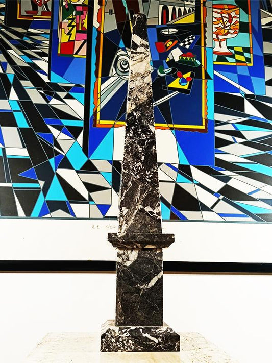1960s Stunning very Big Hand-Carved Obelisk in Black Marble of Aquitaine. Made in Italy.  57 cm. h / 22.44 h inches