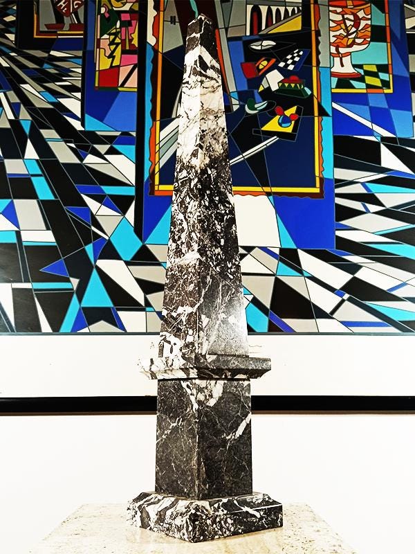 1960s Stunning very Big Hand-Carved Obelisk in Black Marble of Aquitaine. Made in Italy.  57 cm. h / 22.44 h inches