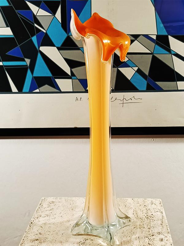1960s 40cm. handcrafted Single Flower Orange Vase in Murano Glass. Made in Italy.