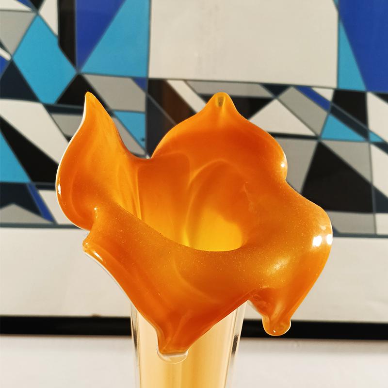 1960s 40cm. handcrafted Single Flower Orange Vase in Murano Glass. Made in Italy.