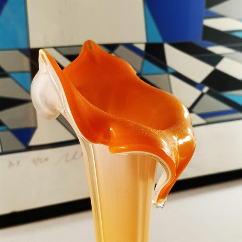 1960s 40cm. handcrafted Single Flower Orange Vase in Murano Glass. Made in Italy.