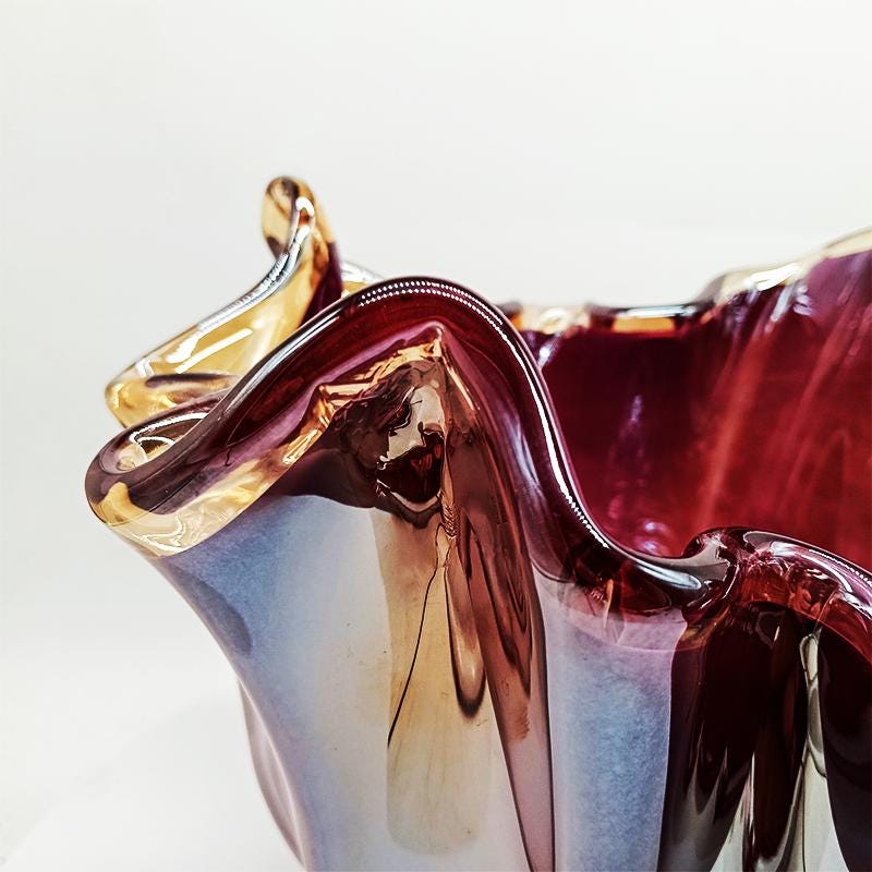 Big Glossy Purple Jacketed Fazzoletto Vase in Hand Worked Murano Glass. Made in Italy.