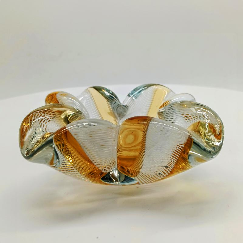 1950s Stunning Rare Ashtray in Hand Worked Murano Glass with reticello filigree.