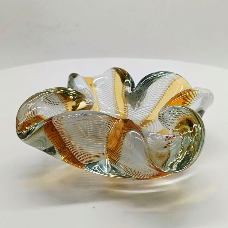 1950s Stunning Rare Ashtray in Hand Worked Murano Glass with reticello filigree.