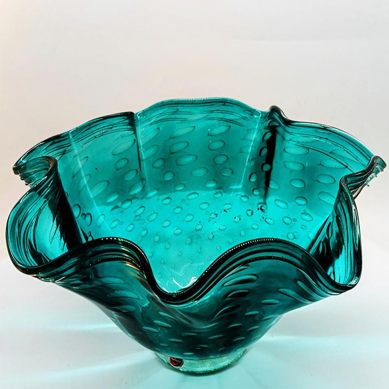 1960s Turquoise Vase / Centerpiece in Hand Worked Murano Glass with Gold colored finishes. - Made in Italy.