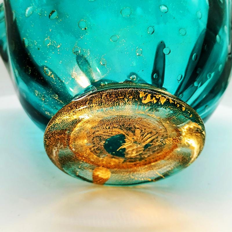 1960s Turquoise Vase / Centerpiece in Hand Worked Murano Glass with Gold colored finishes. - Made in Italy.