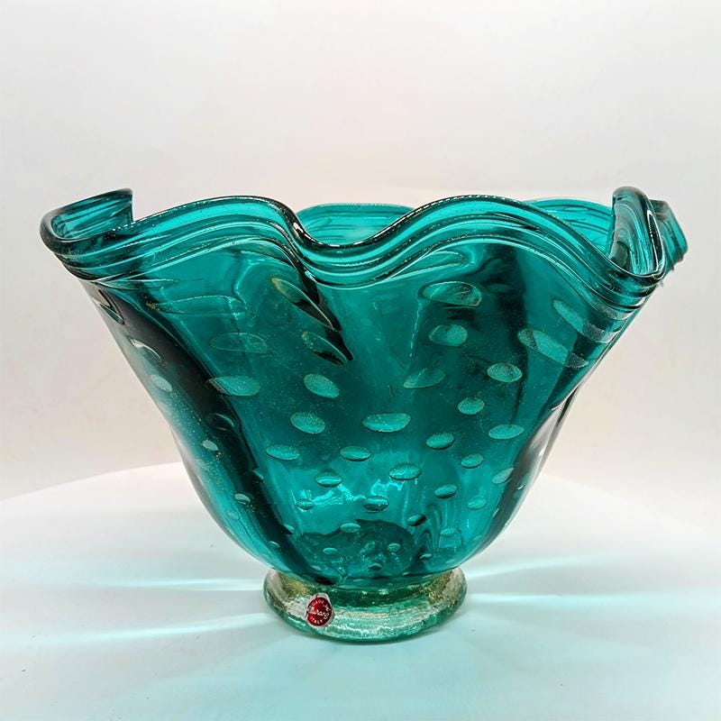 1960s Turquoise Vase / Centerpiece in Hand Worked Murano Glass with Gold colored finishes. - Made in Italy.