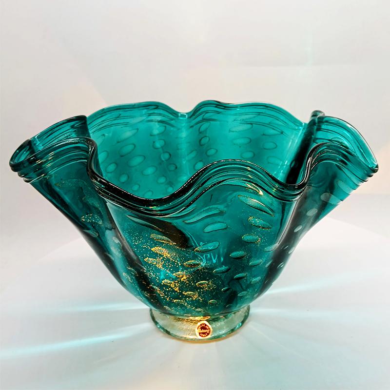 1960s Turquoise Vase / Centerpiece in Hand Worked Murano Glass with Gold colored finishes. - Made in Italy.