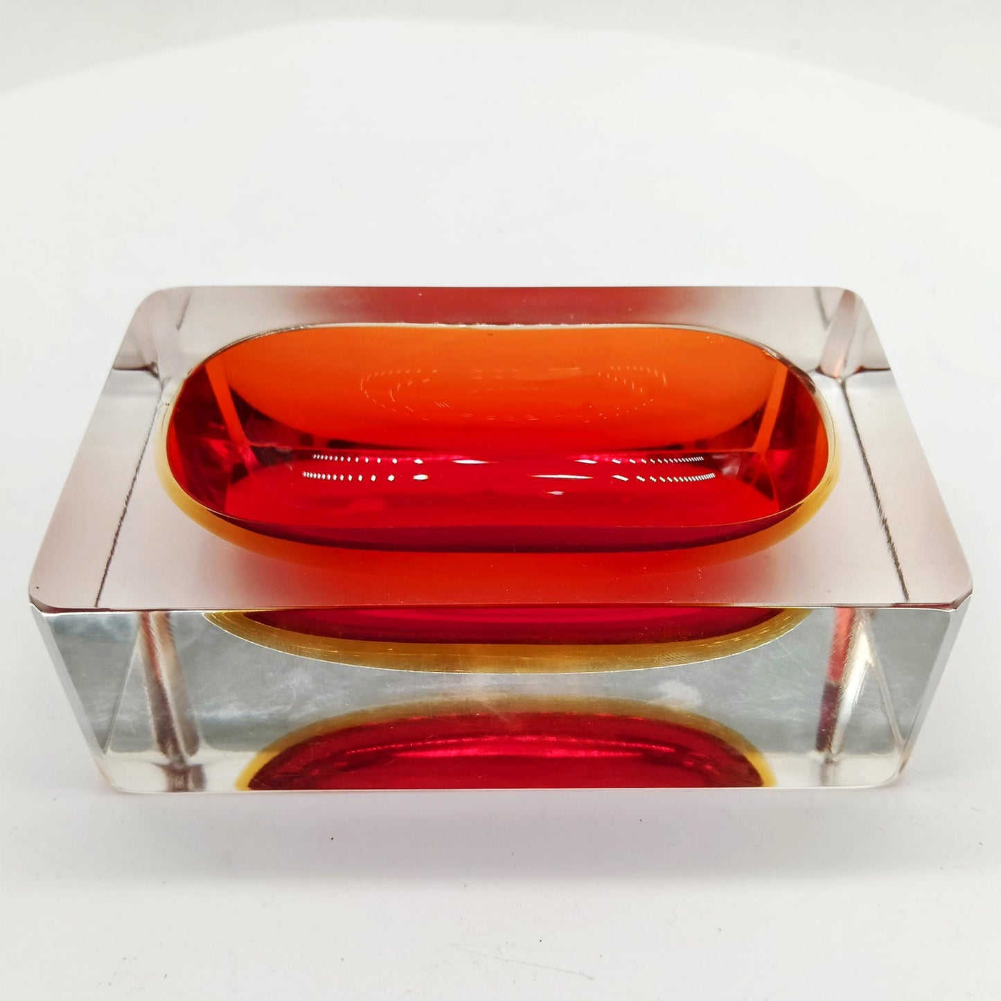 1960s Rare Rectangular Ashtray or Catch-all in Murano Glass by Flavio Poli for Seguso with faceted lateral sides. Made in Italy.