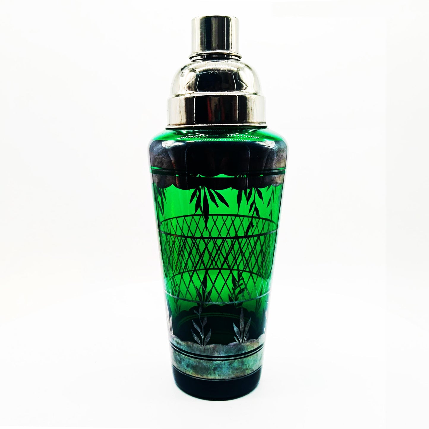 1950s Stunning Cocktail Shaker and 6 Glasses in Murano Glass with Silver trim. Made in Italy