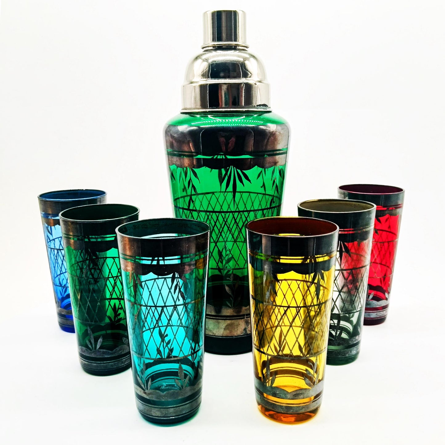 1950s Stunning Cocktail Shaker and 6 Glasses in Murano Glass with Silver trim. Made in Italy