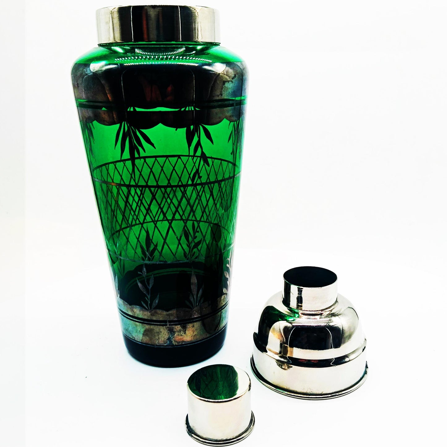 1950s Stunning Cocktail Shaker and 6 Glasses in Murano Glass with Silver trim. Made in Italy