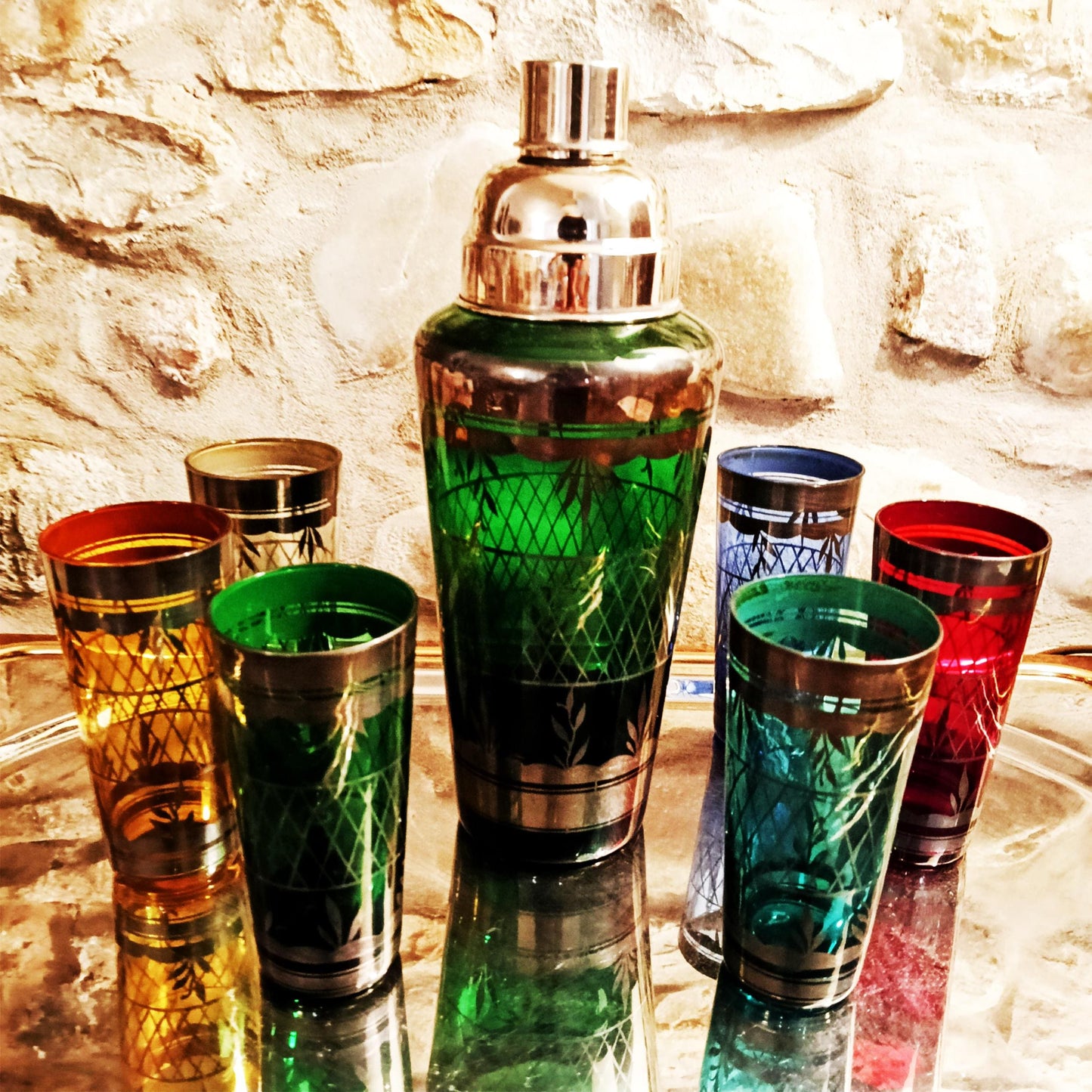 1950s Stunning Cocktail Shaker and 6 Glasses in Murano Glass with Silver trim. Made in Italy