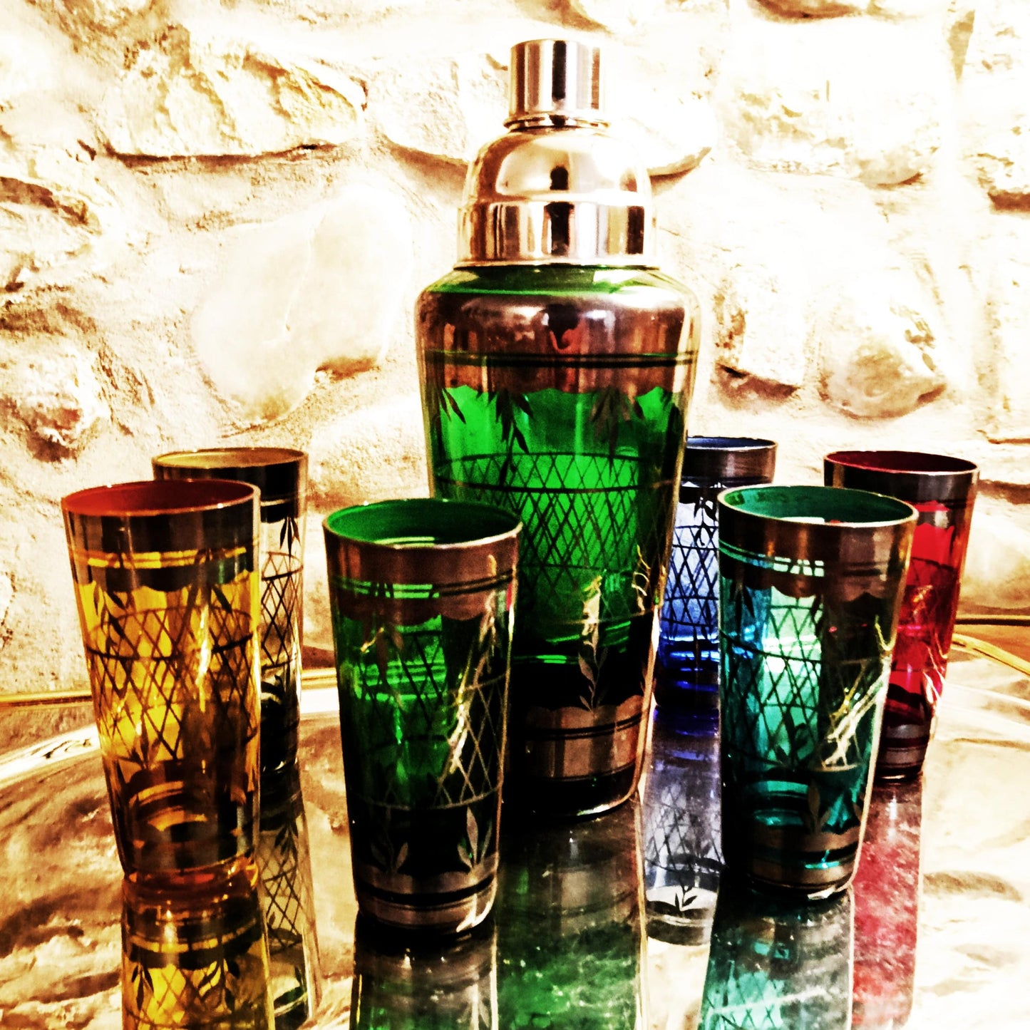 1950s Stunning Cocktail Shaker and 6 Glasses in Murano Glass with Silver trim. Made in Italy