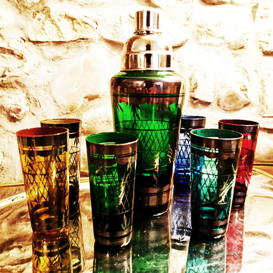 1950s Stunning Cocktail Shaker and 6 Glasses in Murano Glass with Silver trim. Made in Italy