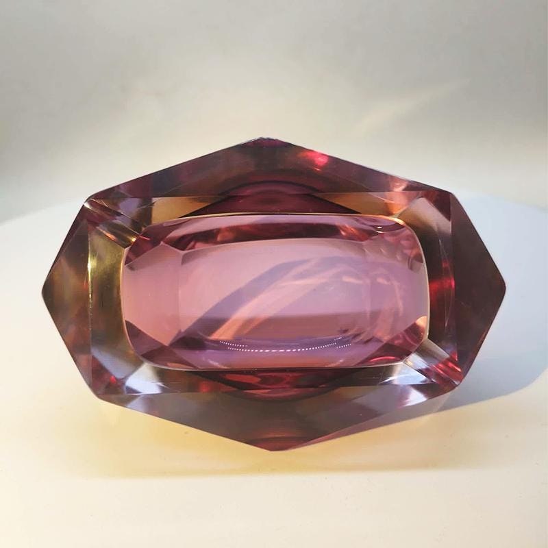 1960s Rare Purple Rectangular Multifaceted Ashtray or Catch-all in Murano Glass by Flavio Poli for Seguso. Made in Italy.
