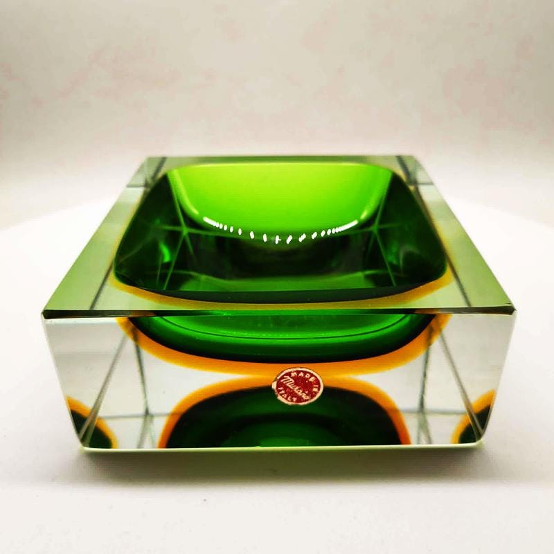 1960s Big Rare Square Ashtray or Catch-all in Murano Glass by Flavio Poli for Seguso. 14 cm / 5.51 inches