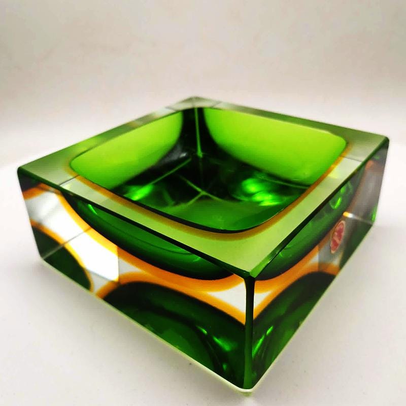 1960s Big Rare Square Ashtray or Catch-all in Murano Glass by Flavio Poli for Seguso. 14 cm / 5.51 inches