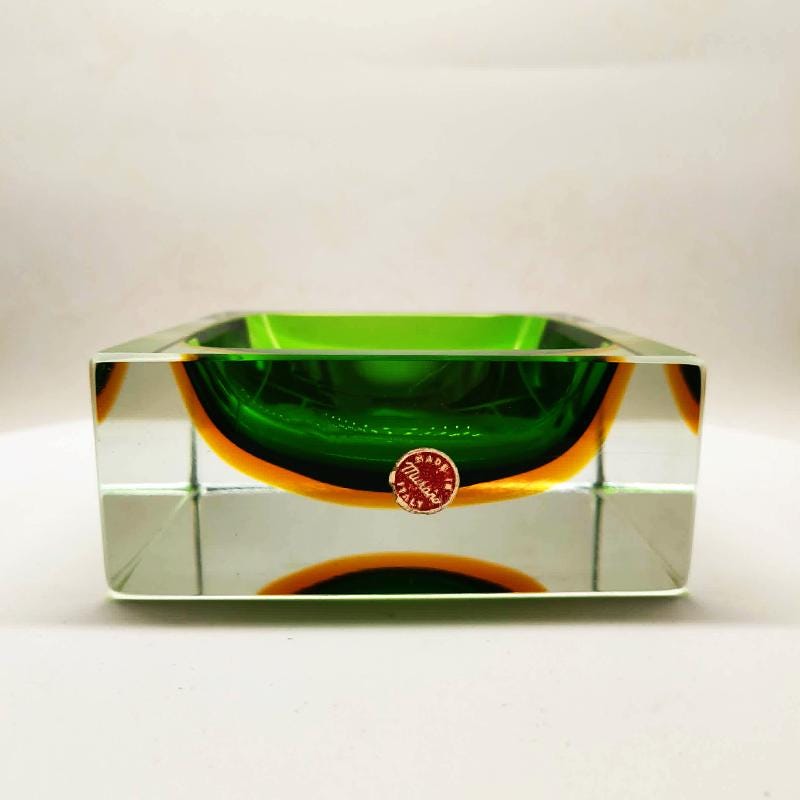 1960s Big Rare Square Ashtray or Catch-all in Murano Glass by Flavio Poli for Seguso. 14 cm / 5.51 inches