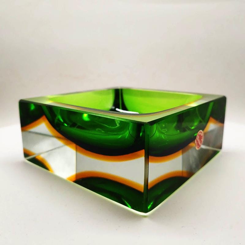 1960s Big Rare Square Ashtray or Catch-all in Murano Glass by Flavio Poli for Seguso. 14 cm / 5.51 inches