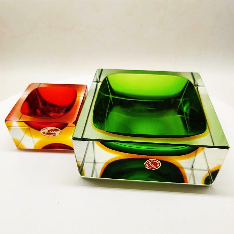 1960s Big Rare Square Ashtray or Catch-all in Murano Glass by Flavio Poli for Seguso. 14 cm / 5.51 inches