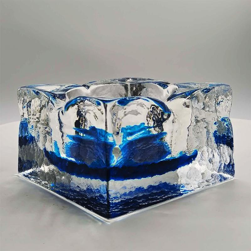 1960s Big Square Ashtray or Catch-all in Hand-Worked Murano Glass with Ice Cube effect. Made in Italy - 12 cm