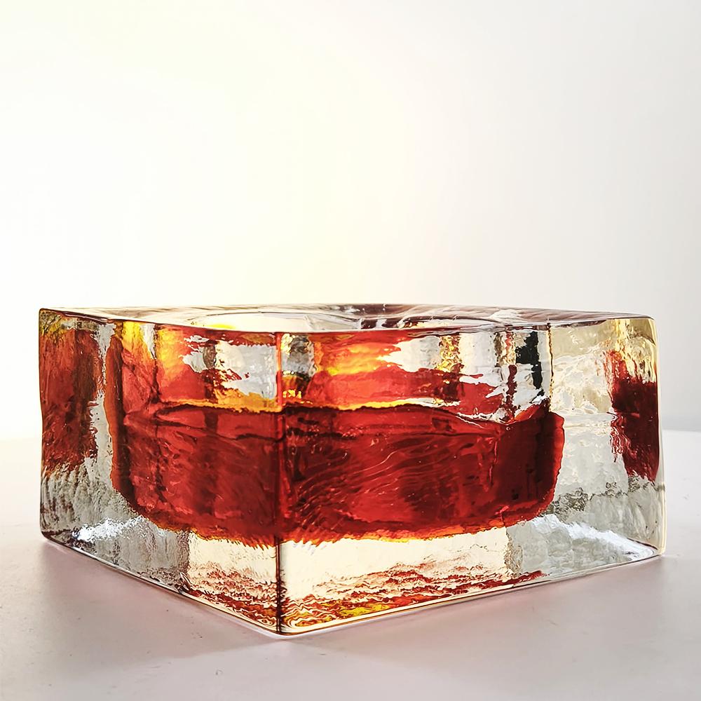 1960s Big Square Ashtray in Uranium Handcrafted Murano Glass by Mandruzzato with ice-cube effect.